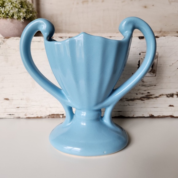 Camark Pottery 404 Blue Double Handle Trophy Vase- 1930s Retro Pottery- Art Deco - Picture 8 of 10